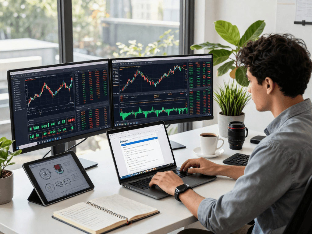Developer coding Singapore quant stock API in a modern fintech workspace, featuring live market data displays and collaborative tools.