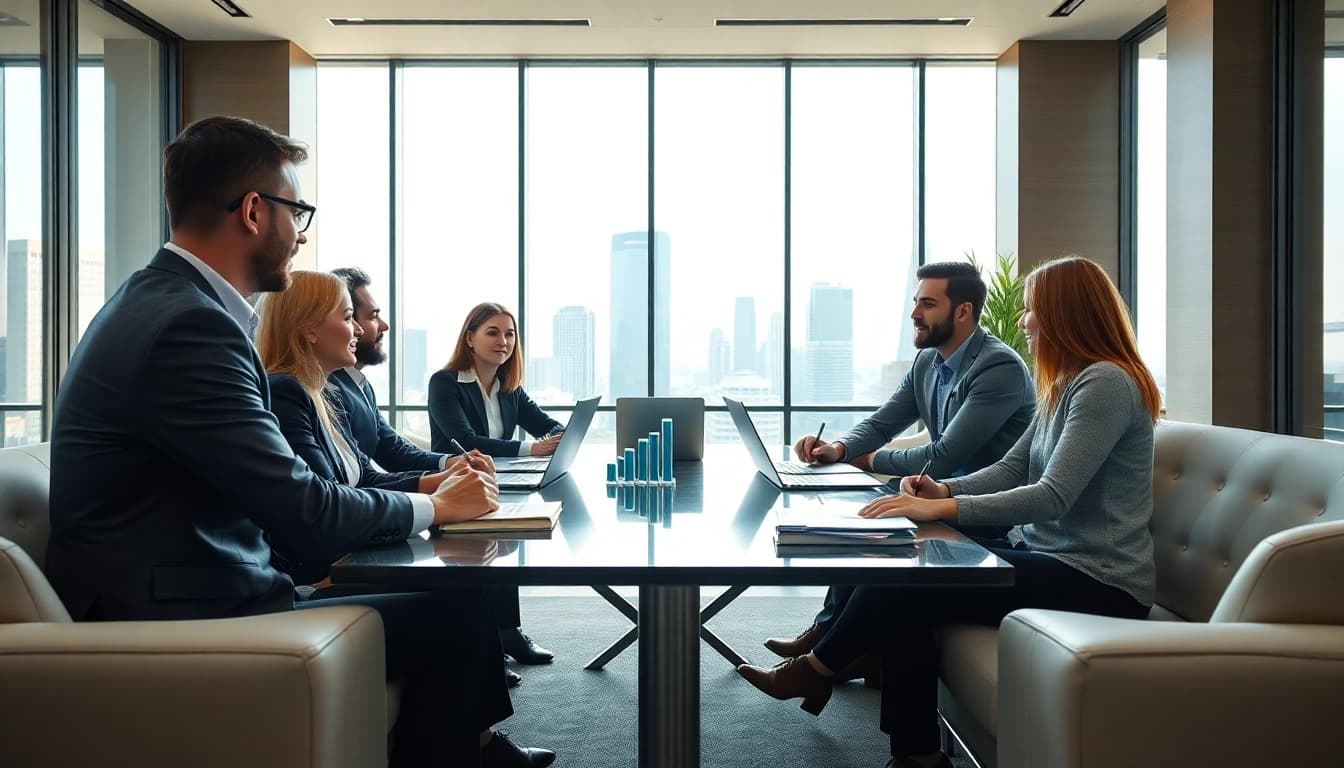 Engaging team discussion on business growth insights in a professional office setting.
