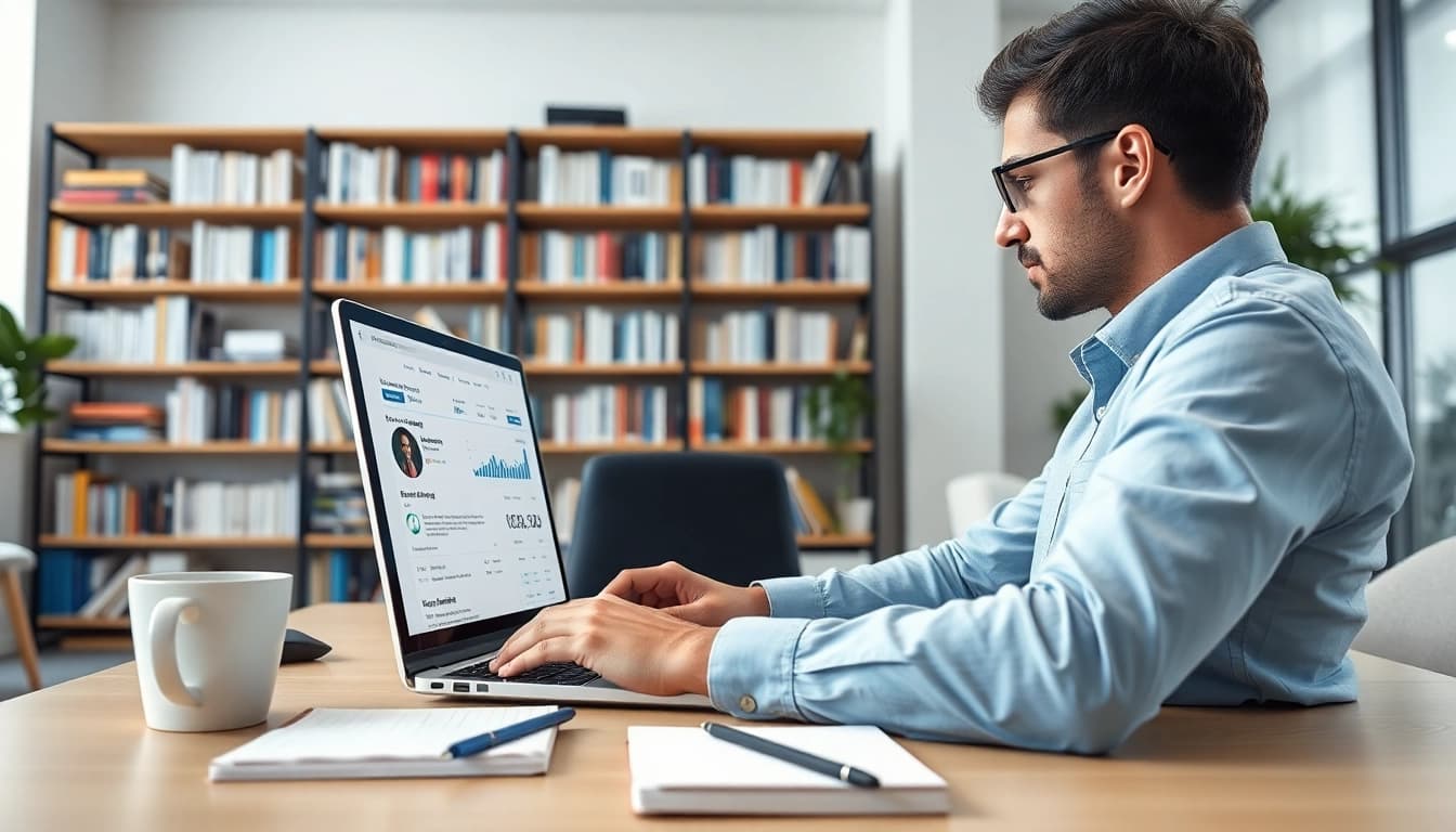 Scrape linkedin leads from search results using advanced digital marketing techniques in a professional office.