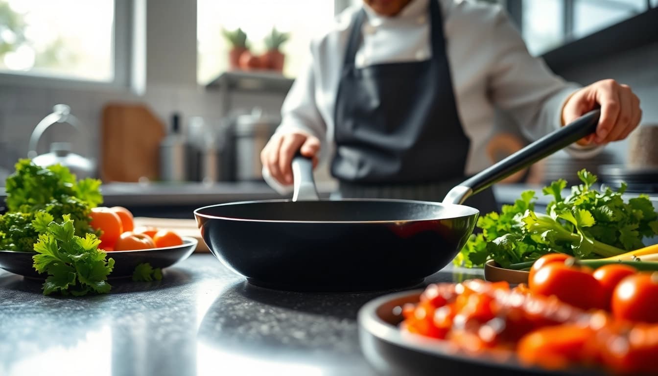 Cooking with the best nonstick pan NZ, highlighting a professional chef and fresh ingredients.