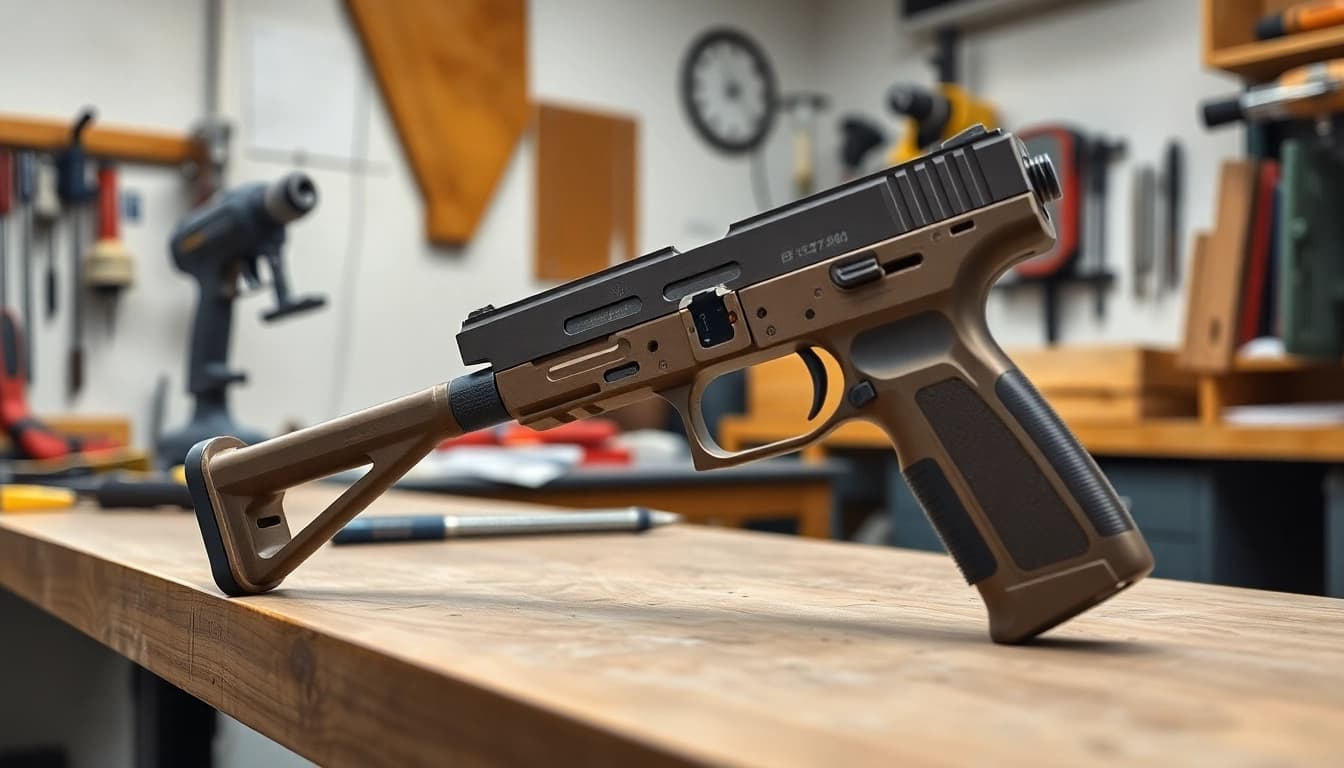 Build and customize your PF940SC pistol frame kit with precision tools on a workbench.