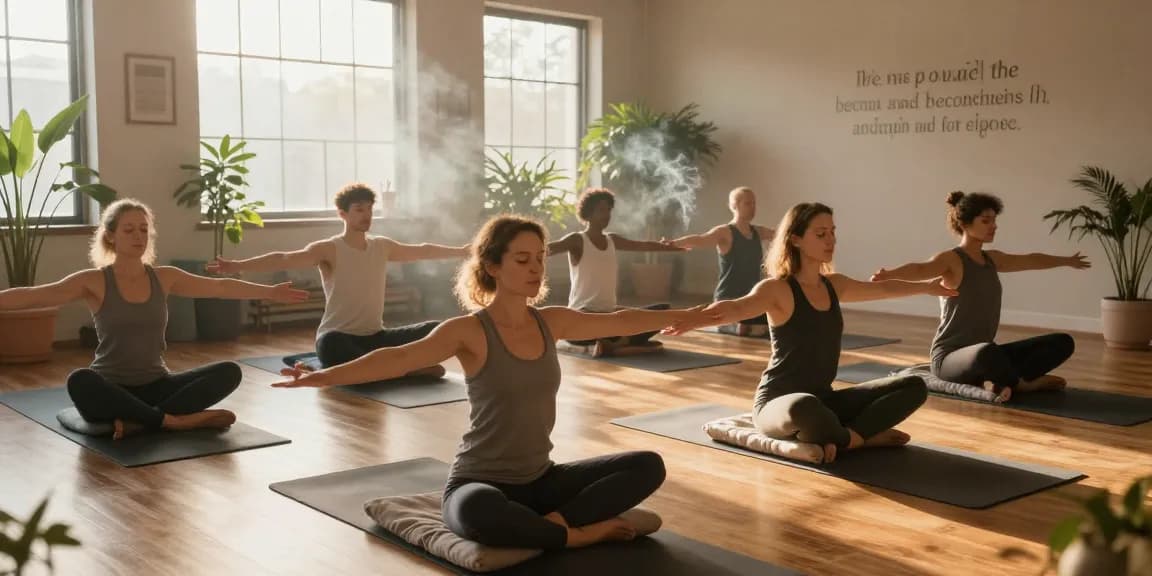 Morning meditation practice in a tranquil yoga studio with diverse individuals, soft sunlight creating a peaceful atmosphere.