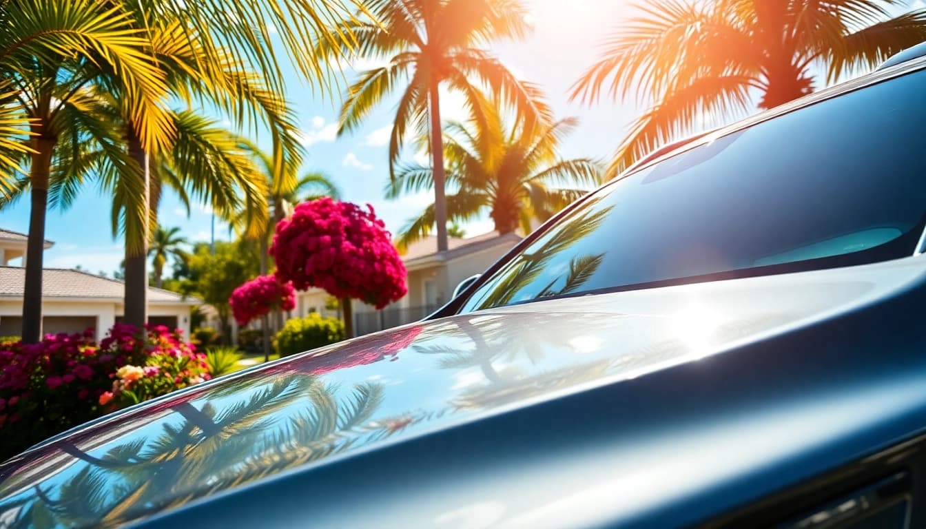 mobile detailing Miami Gardens showcases a professional detailer polishing a car in a sunny local neighborhood.