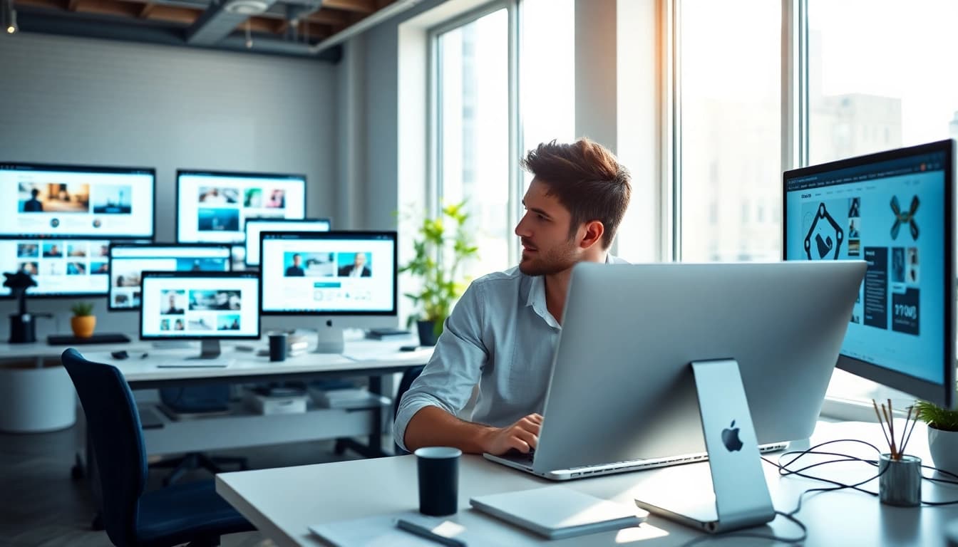 Webdesign Agentur bei der kreativen Arbeit in einem modernen Büro mit Design-Displays.