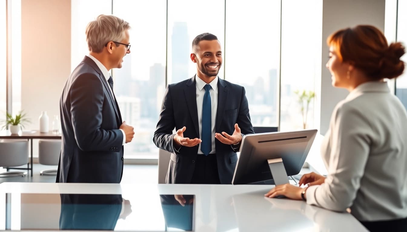 AI Receptionist engaging with clients in a modern, professional office setting.