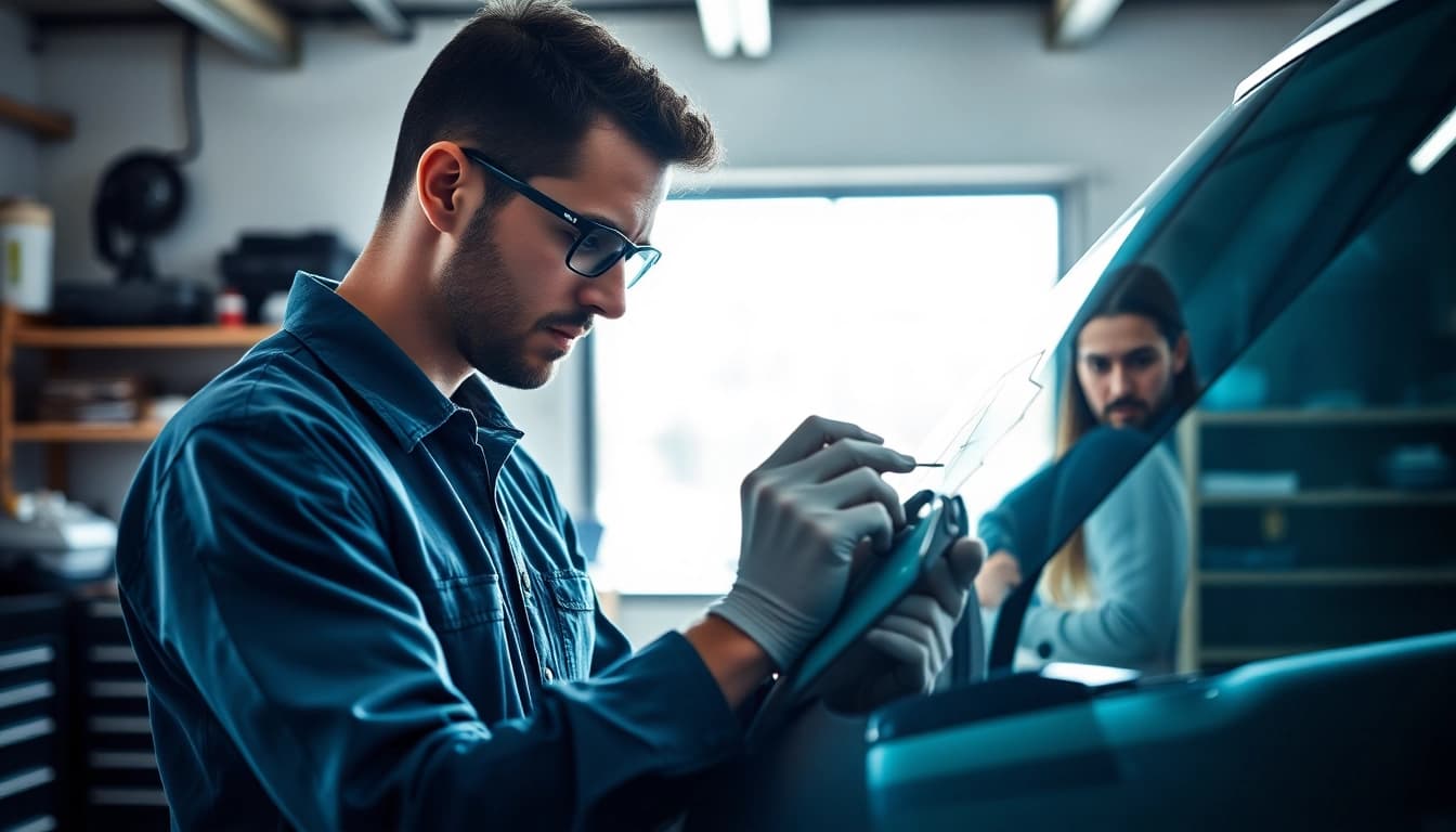 Chip repair technician skillfully repairing a windshield chip with precision tools in a professional garage.