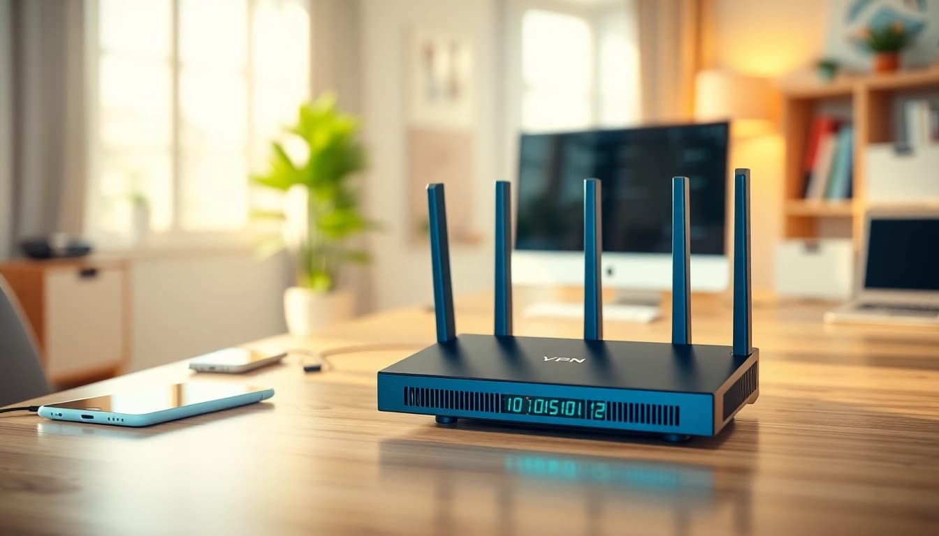 Explore the best vpn router uk in a modern workspace setup showcasing a sleek design.