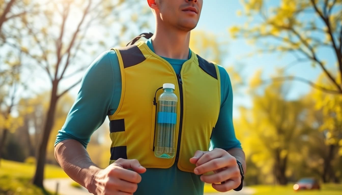 Runner hydrated with a running vest with bottle while jogging through a sunny trail.
