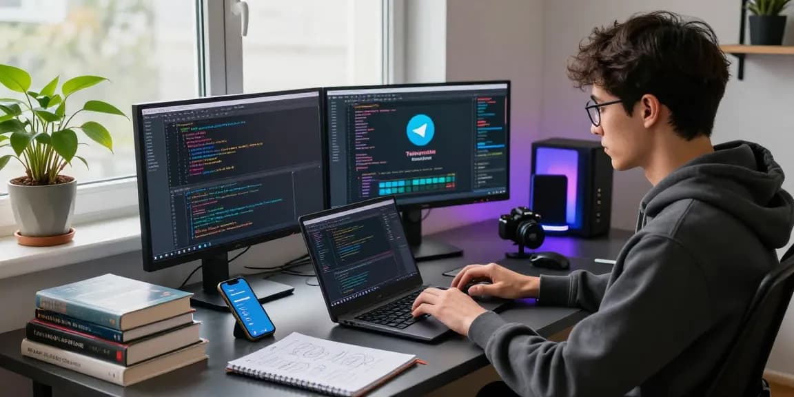 Telegram中文版下载 showcased in a vibrant tech workspace, featuring software engineer coding with dual monitors and creative environment.