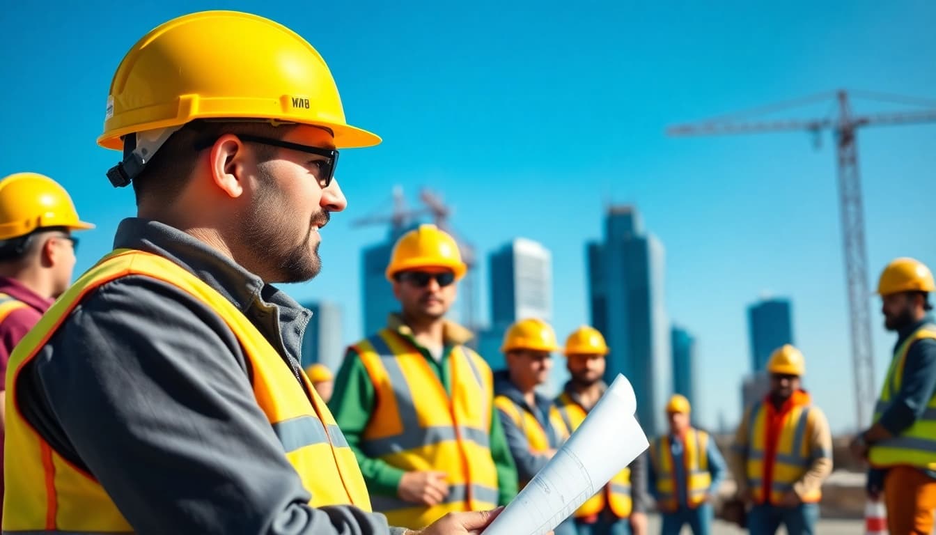 A skilled New Jersey Construction Manager evaluating project plans on a busy construction site.