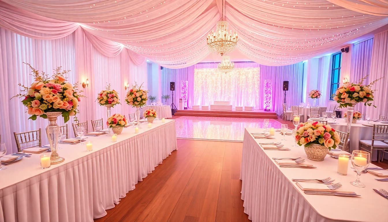 Elegantly decorated hochzeitssaal mit blühenden Arrangements und festlicher Atmosphäre.