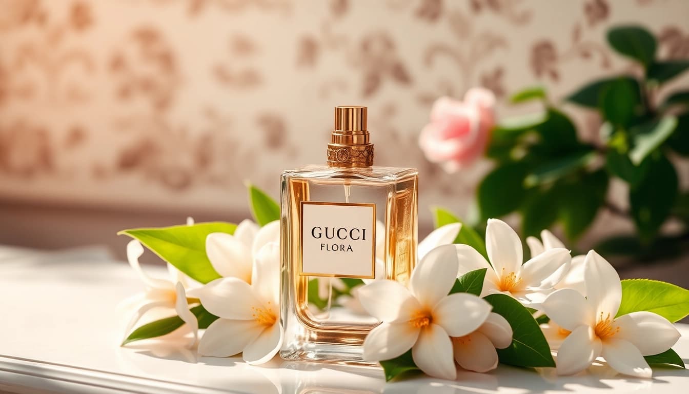 Capture the allure of gucci flora perfume with an elegant bottle displayed with jasmine flowers.
