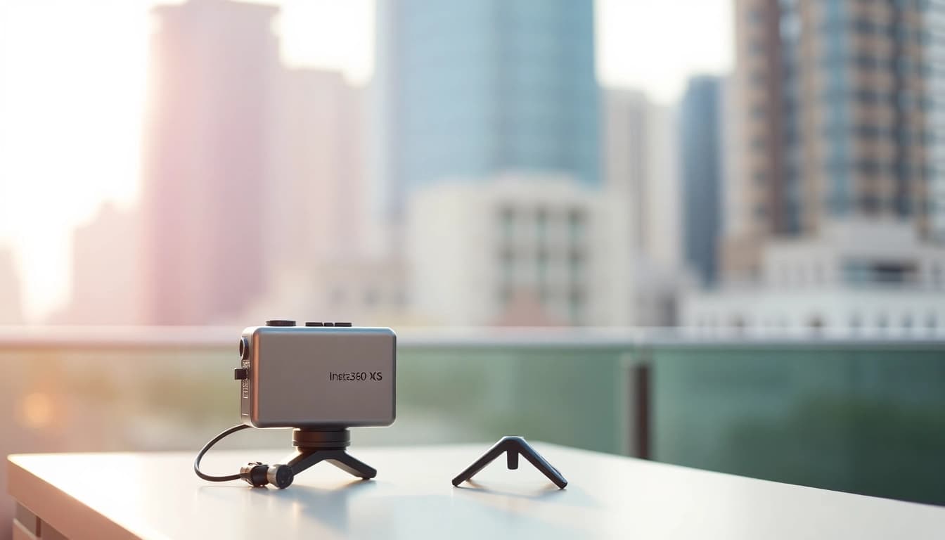 Capturing the Insta360 X5 camera on a tabletop with sleek design in an urban setting.