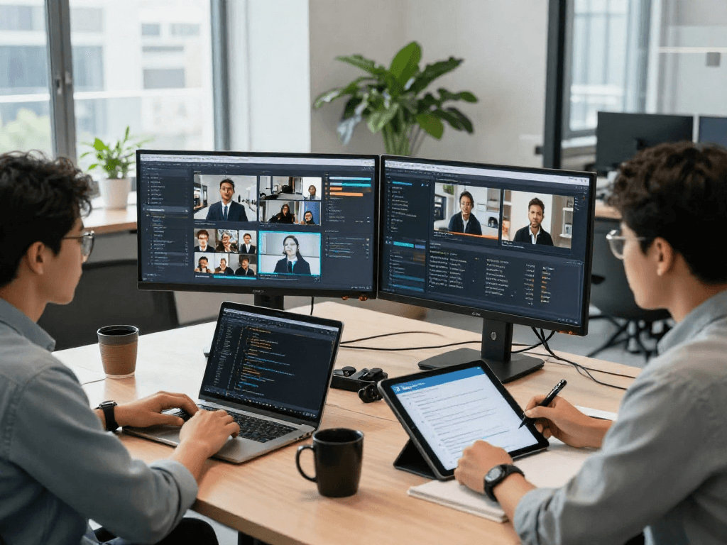 Team analyzing and detect ai image content moderation software in a modern workspace.