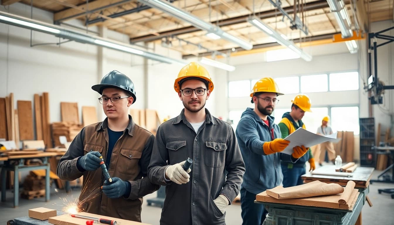 Students collaborate on projects at construction trade schools in Texas, illustrating hands-on training.