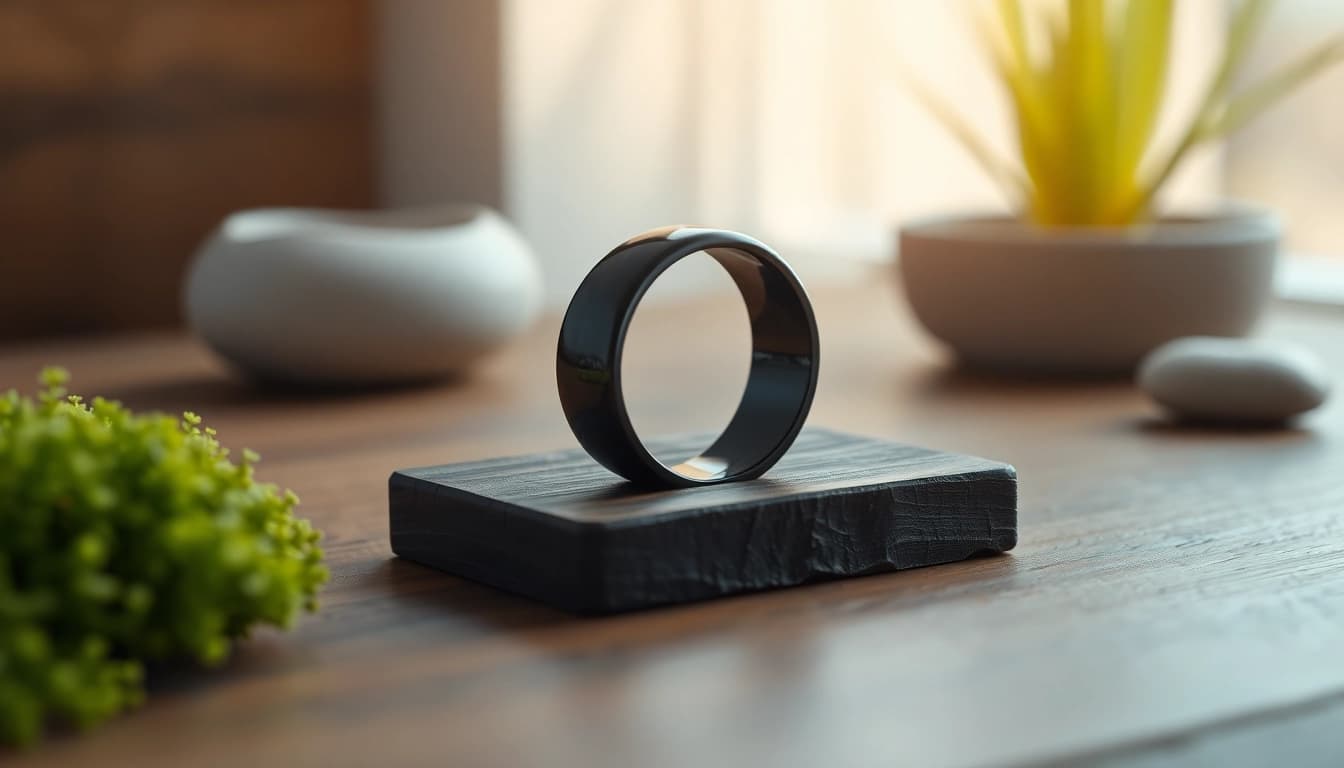Showcasing a polished Black Zirconium Rings design on a natural display, highlighting its sleek and modern features.