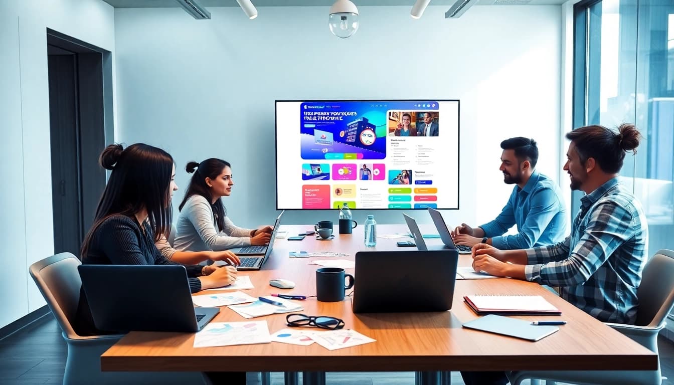 Professional team collaborating on thiết kế web in a modern office.