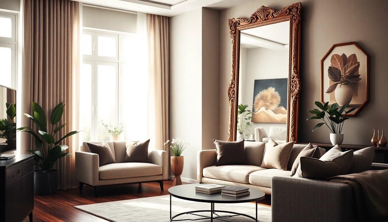 Showcase of designer mirrors at https://merithome.co.uk in an elegant living room setting.
