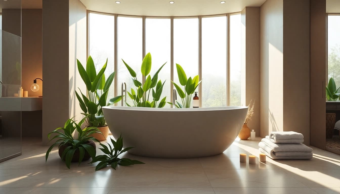 Vasca da bagno moderna in un bagno luminoso e raffinato con piante verdi.