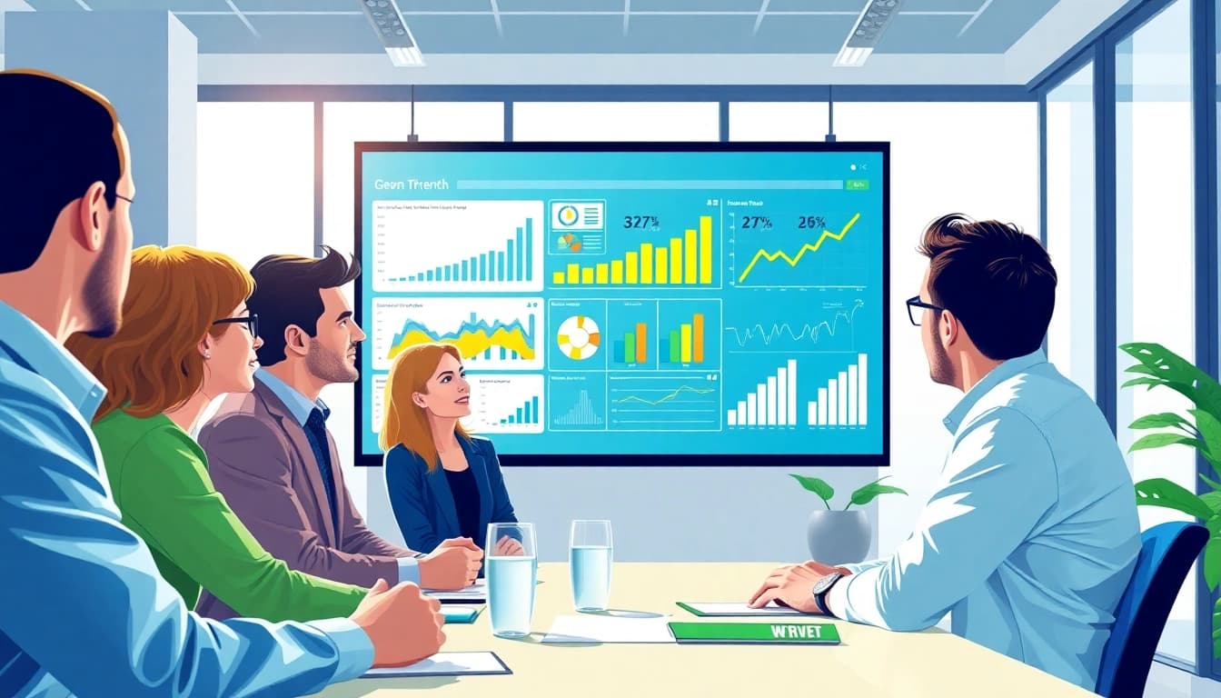 Explore growth strategy trends through a professional team analyzing data in a modern office.