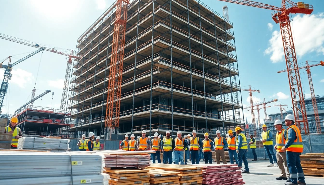 Showcasing a New Jersey Commercial General Contractor team working on a vibrant construction site with cranes and scaffolding.