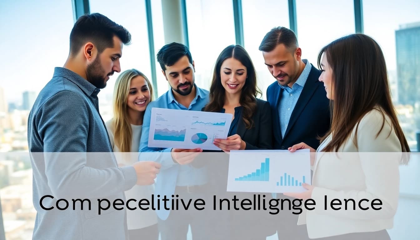 Analyze B2B competitive intelligence insights with a diverse business team in a vibrant office.