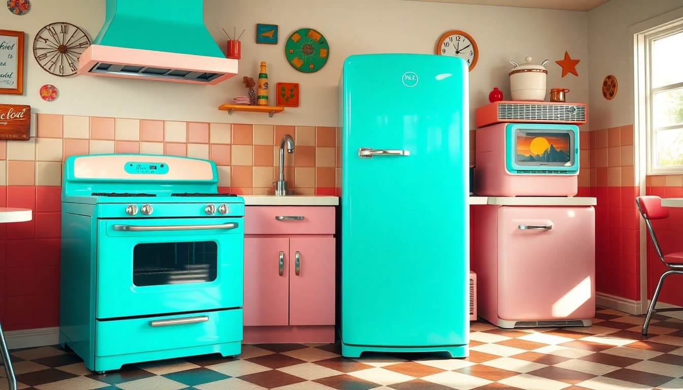 Showcasing stylish retro appliances in a vibrant vintage kitchen setting.