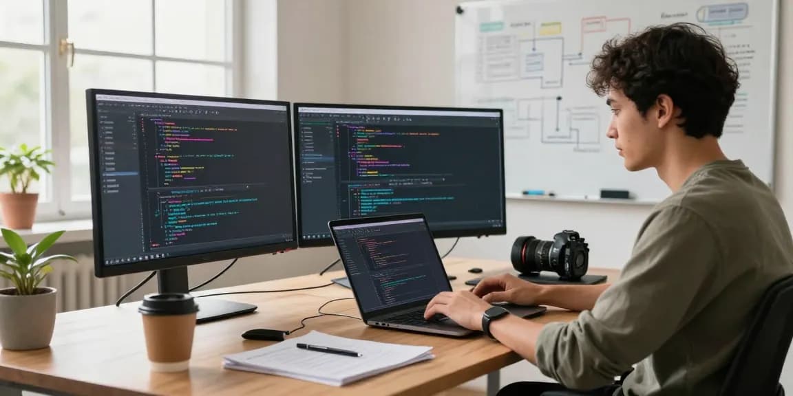 Developer coding at modern workspace with multiple monitors, focusing on telegram中文版下载 features and functionality.