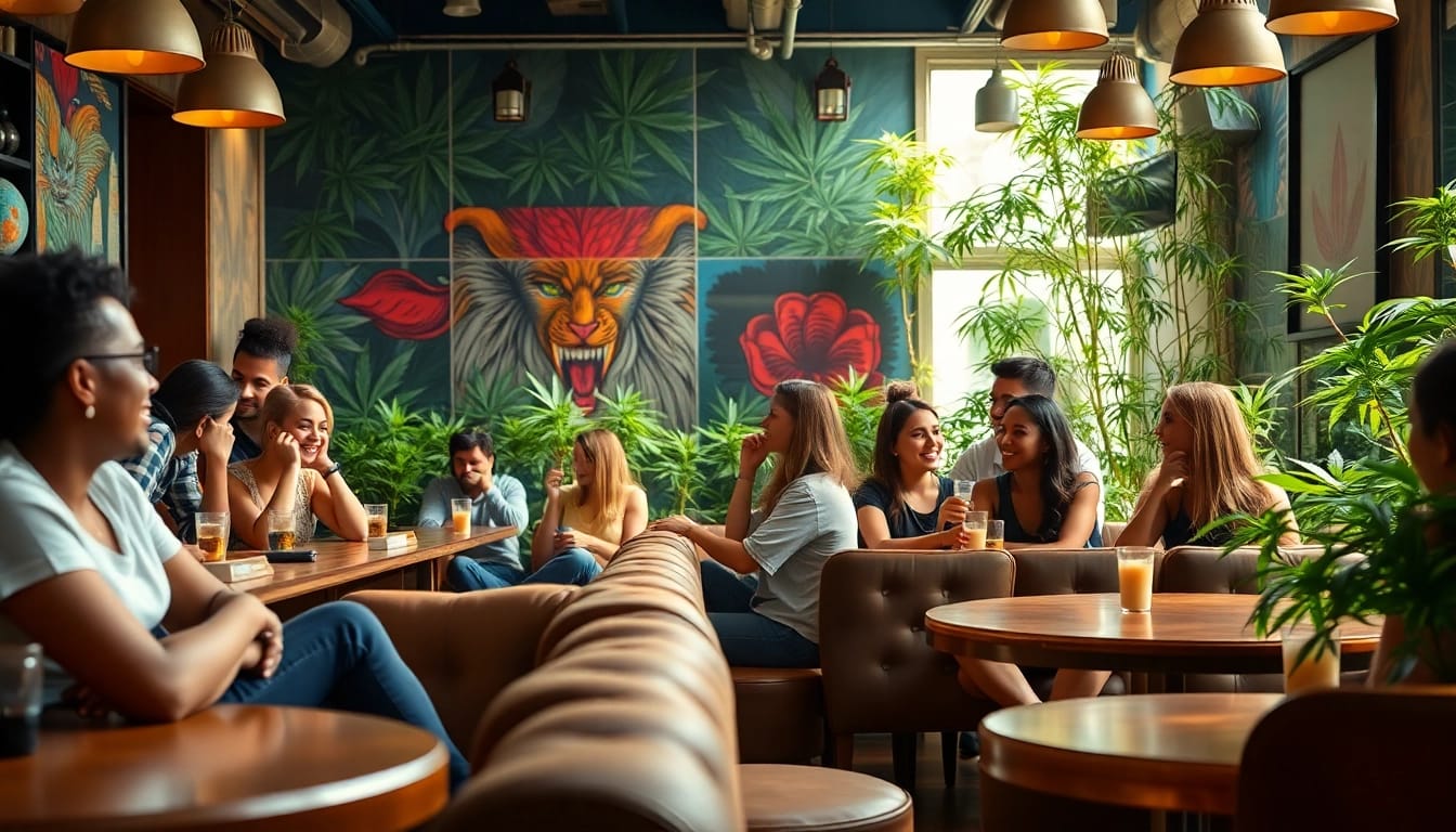 Besucher im cannabis club hamburg genießen eine entspannte Atmosphäre in einem gemütlichen Lounge-Bereich.