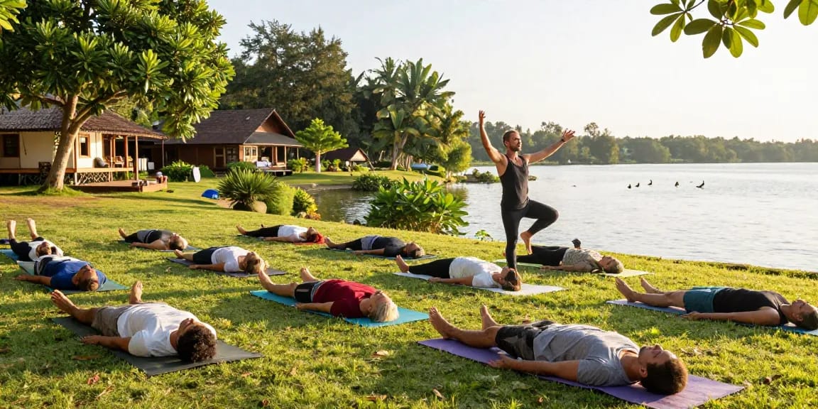 Simon Borg-Olivier intensive Sri Lanka participants practicing yoga at a serene retreat by the lake.