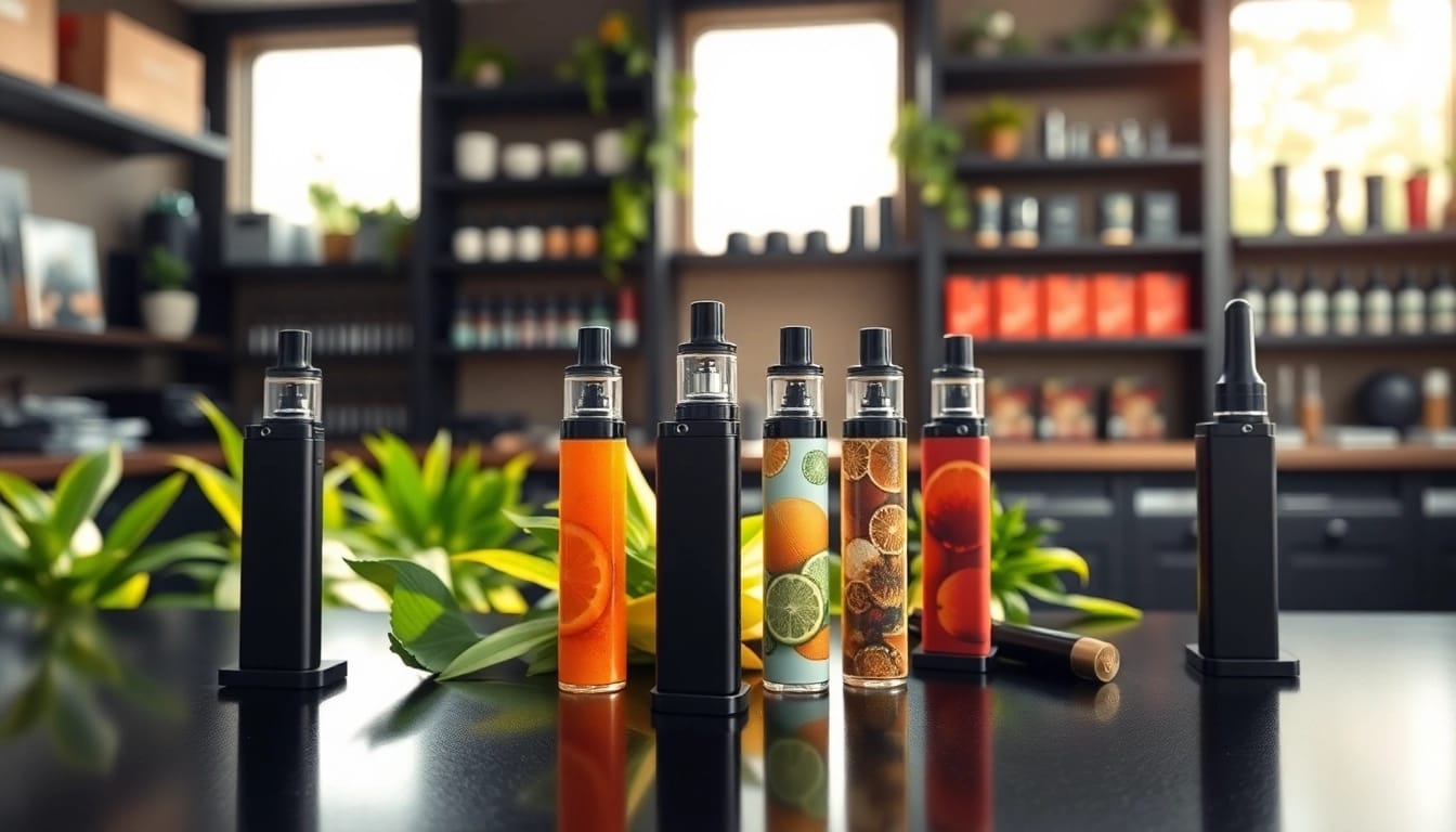 Explore the variety of disposable vapes displayed prominently on a stylish countertop.