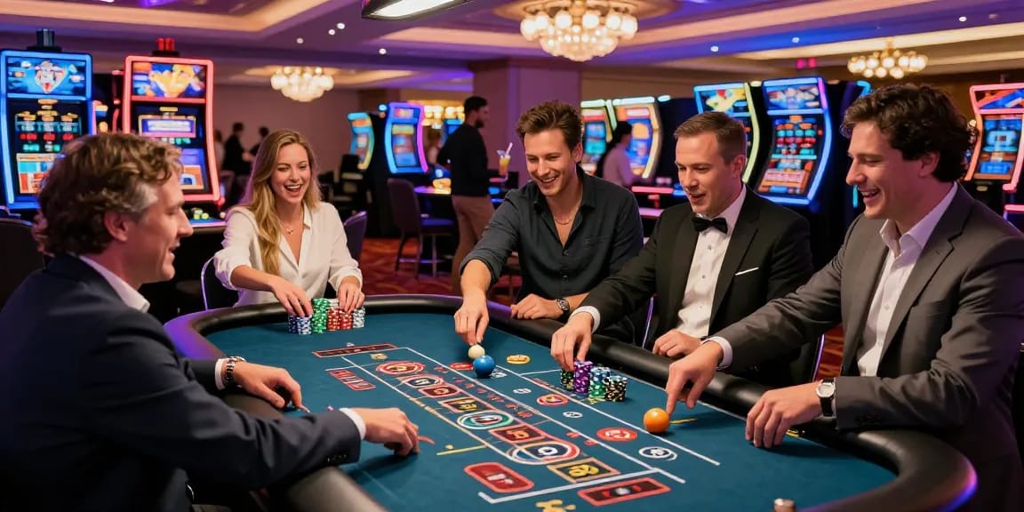 Exciting lucky77 casino gaming scene with players celebrating at the roulette table.