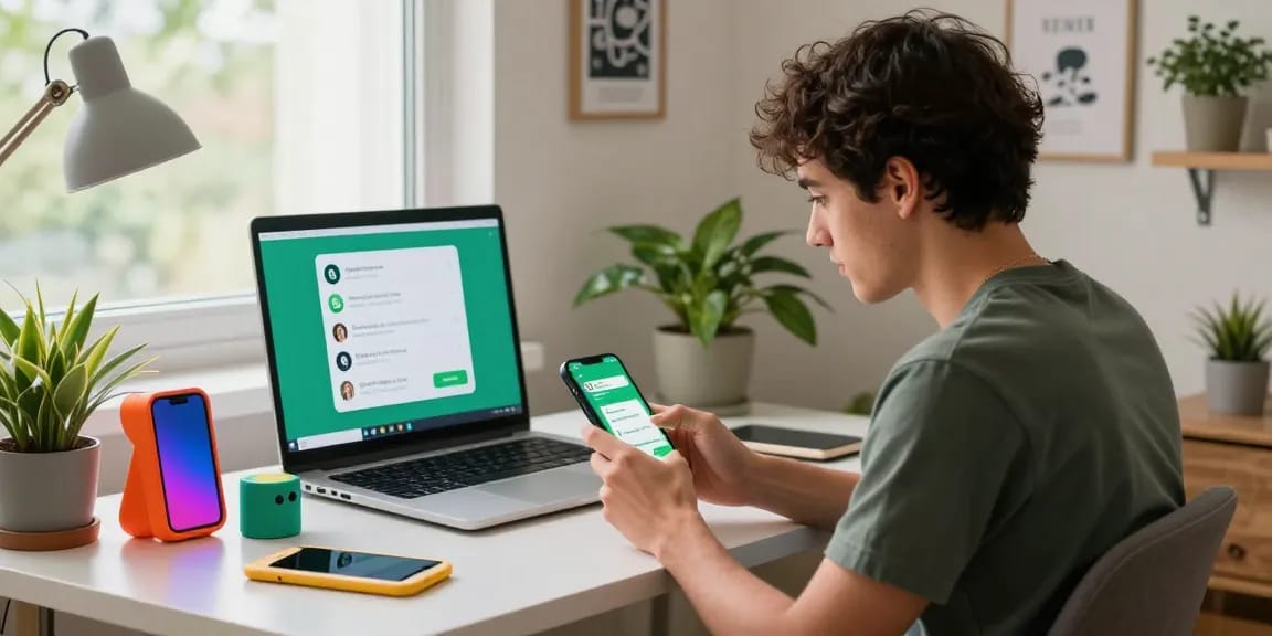 Engaging scene of a user interacting with the GB WhatsApp APK on their smartphone in a cozy home office.