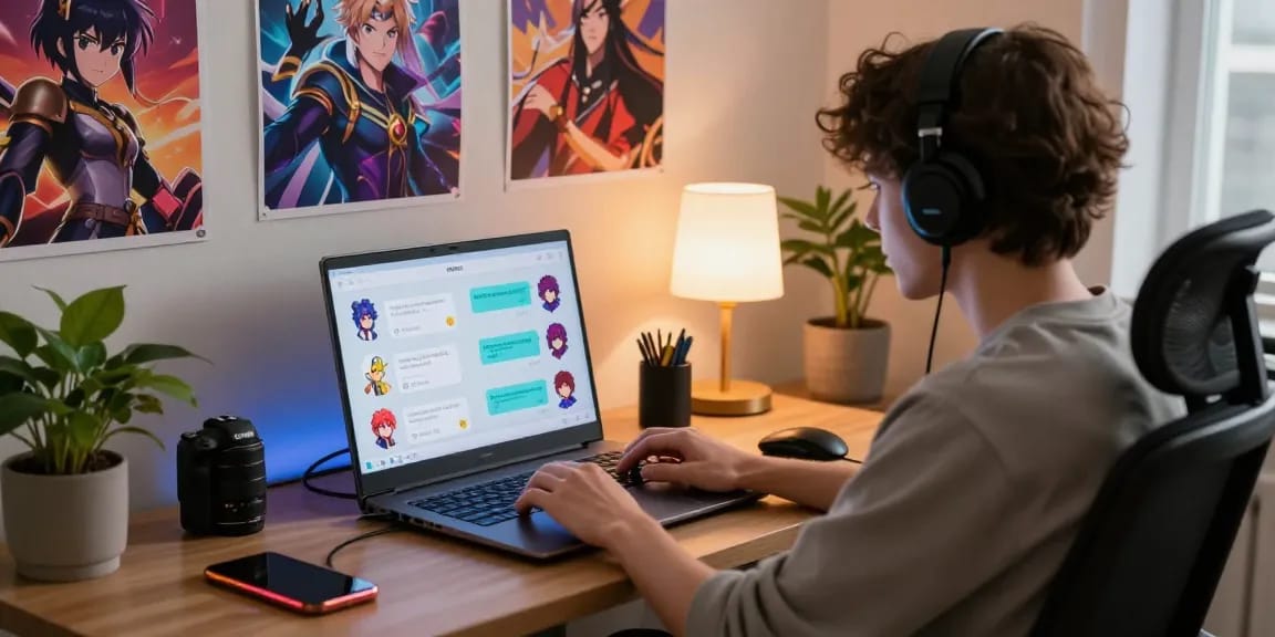 Interactive character AI NSFW chat scene in a cozy home office, featuring vibrant graphics and user engagement.