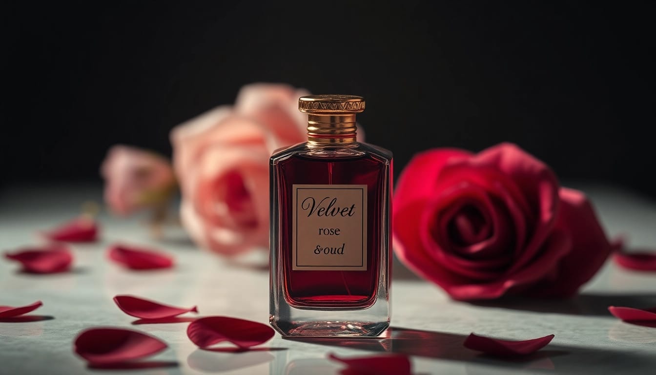 Experience luxury with Velvet rose & oud fragrance captured in an elegant, close-up composition.