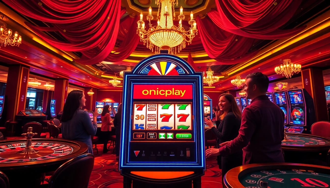 Winning players celebrate at the onicplay slot machine in a vibrant casino atmosphere filled with excitement.