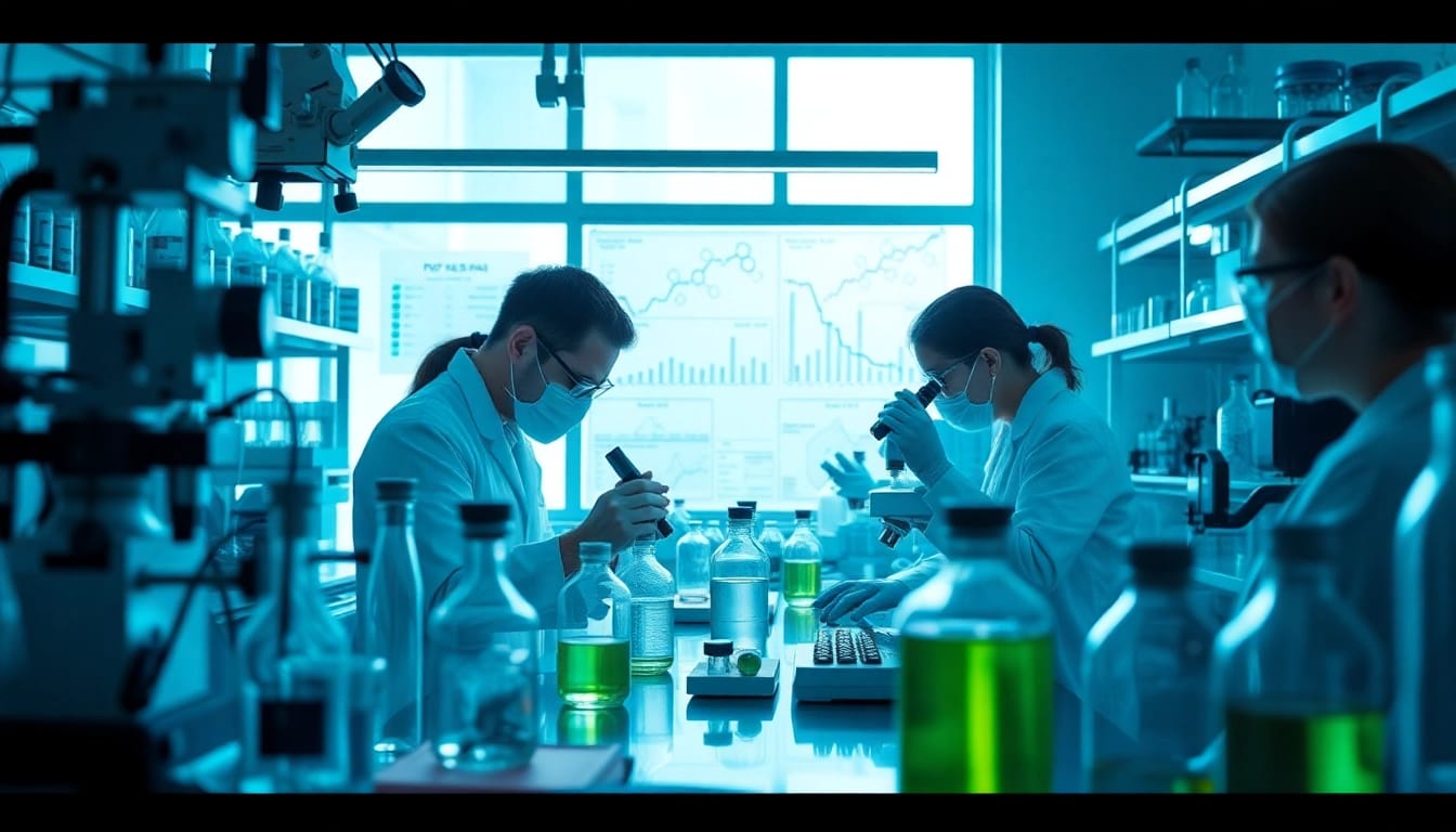Researchers studying Peptides UK in a modern lab setting with advanced equipment.