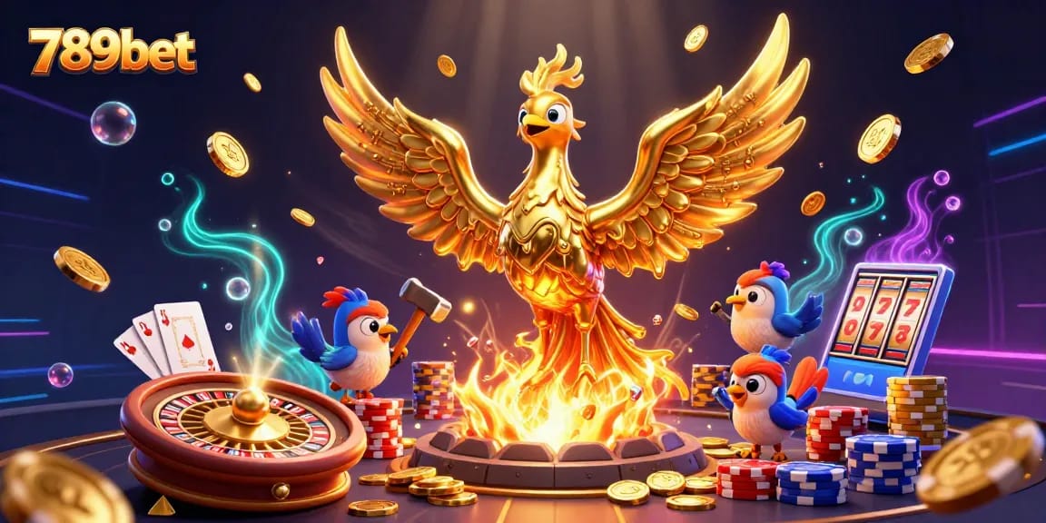 Experience thrilling games at 789bet with mesmerizing visuals of golden phoenix and casino elements.