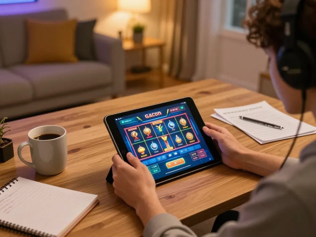 Playing slot gacor game on tablet in cozy home setting, illustrating casual online gaming