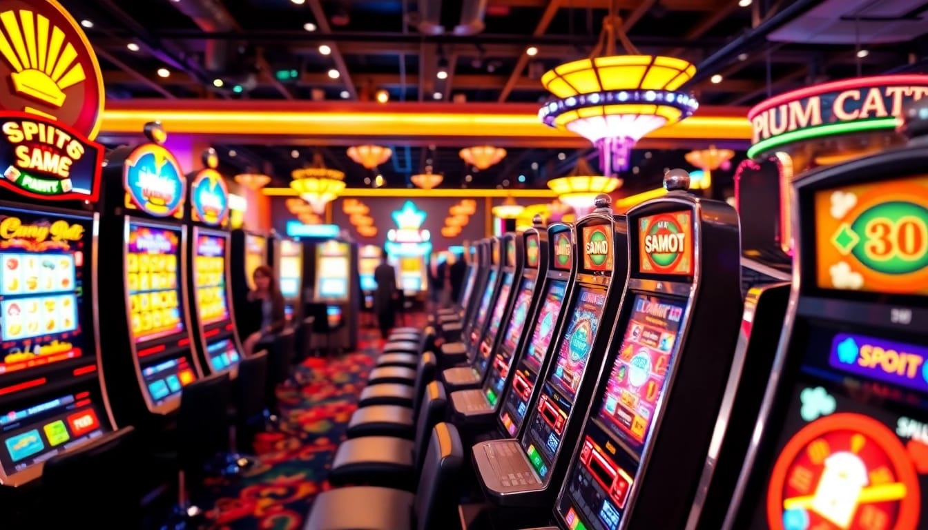 Menampilkan agen toto slot dengan mesin slot yang berputar dan suasana kasino yang ceria.
