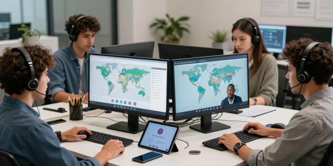 Colaboración en equipo utilizando una app de llamadas internacionales en un espacio moderno de telecomunicaciones.