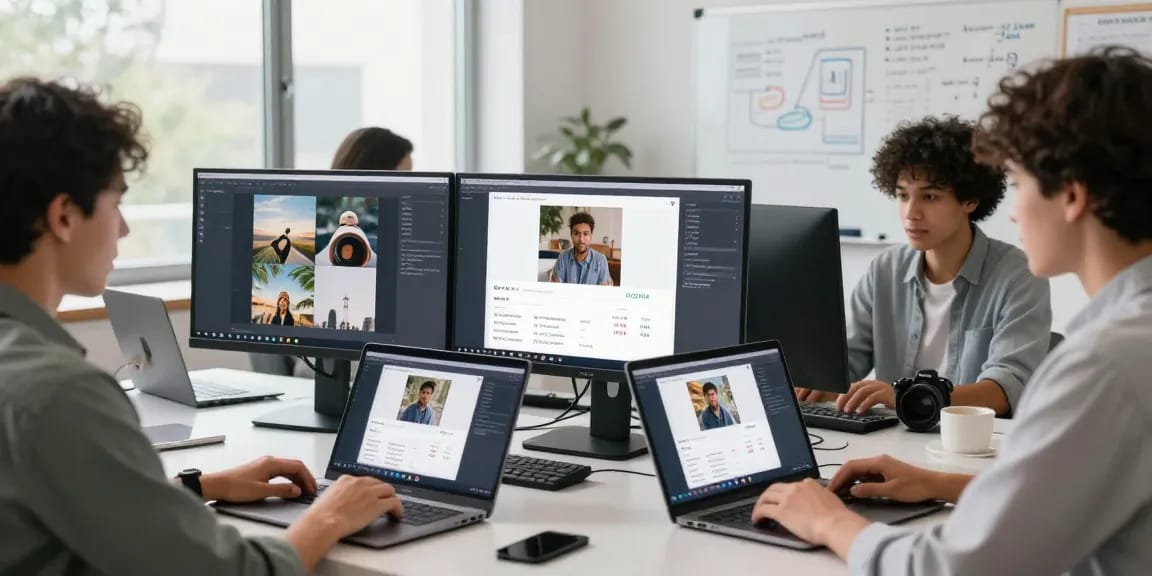 Collaborative team using free AI image detector software to analyze images in a modern workspace.