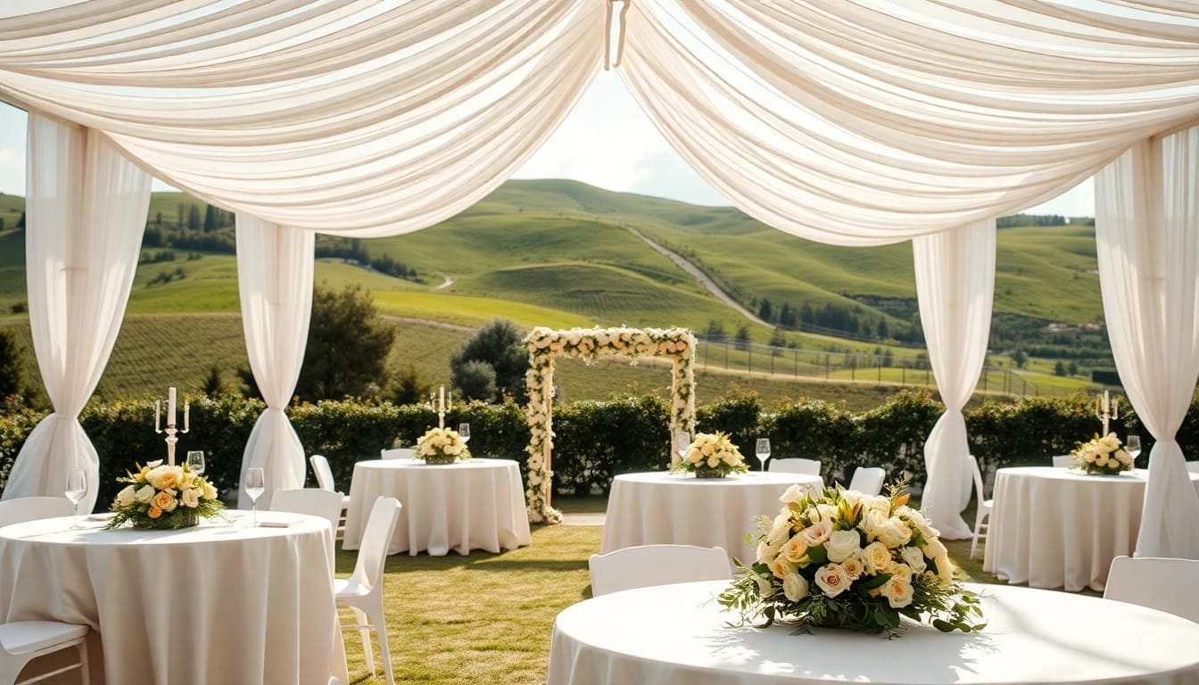 Discover stunning Wedding Rentals in a romantic outdoor setup with elegant decor.