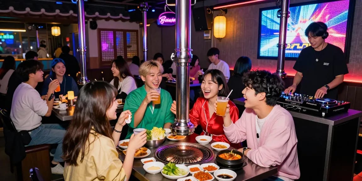 상봉동 한국관나이트 vibrant nightlife scene with friends enjoying Korean barbecue and drinks