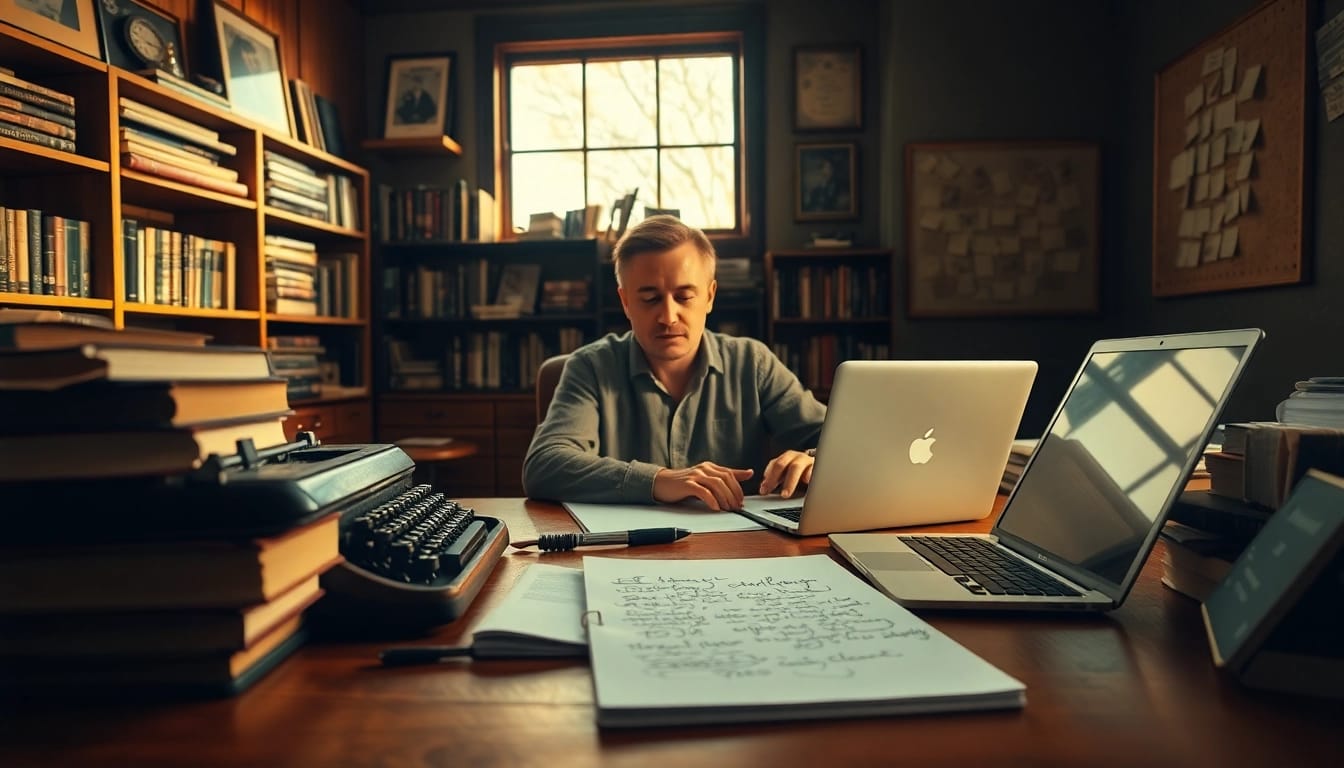 Captivating scene of a thriller author at work, showcasing literary creativity and dedication.