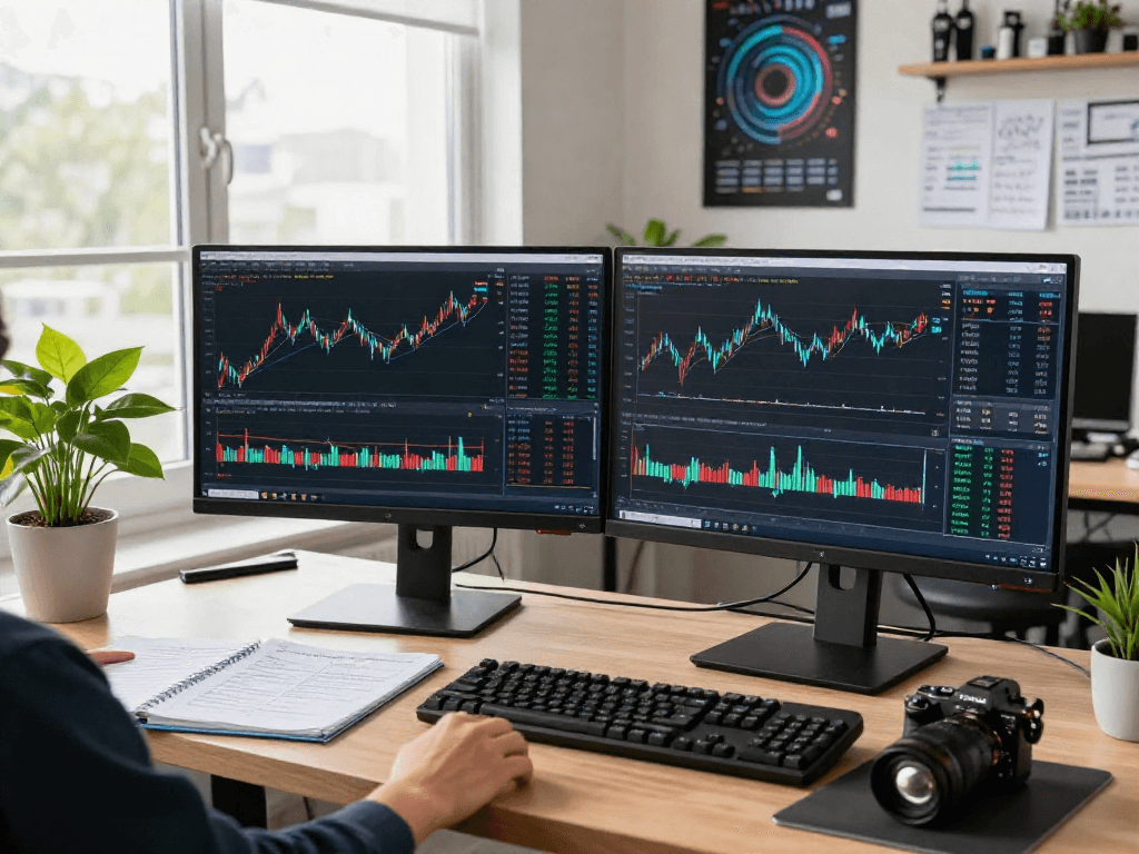 使用TradingView分析平台的交易员在现代办公环境中查看实时股票、外汇和加密货币图表。