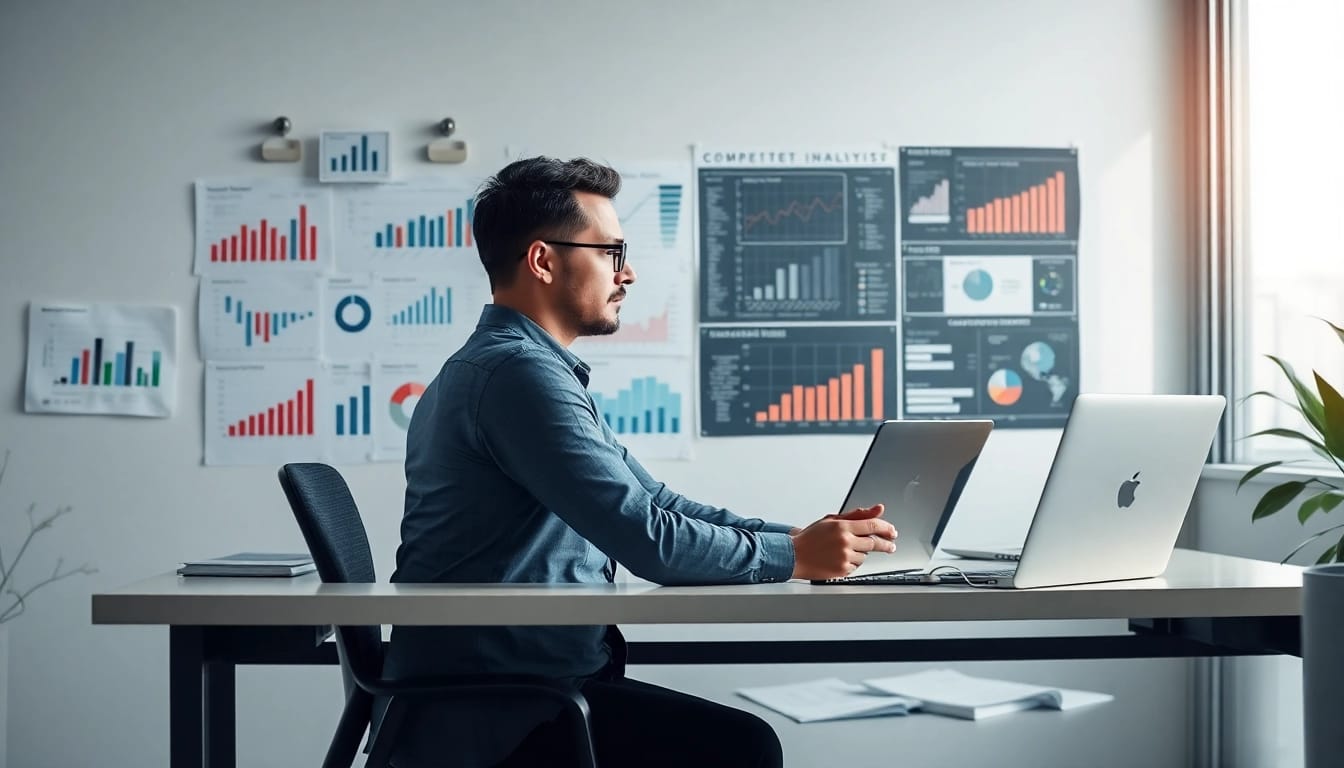 Analyze competitive intelligence data with a business analyst in a modern office setting.