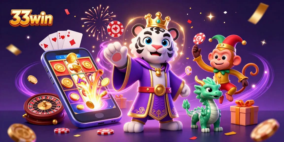 Win big with 33win in this vibrant 3D casino scene showcasing exciting games.