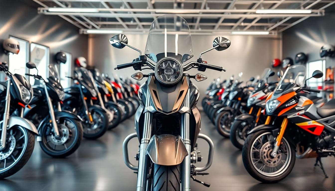 Motorrad gebraucht in einem modernen Ausstellungsraum mit glänzenden Motorrädern und hellem Licht.