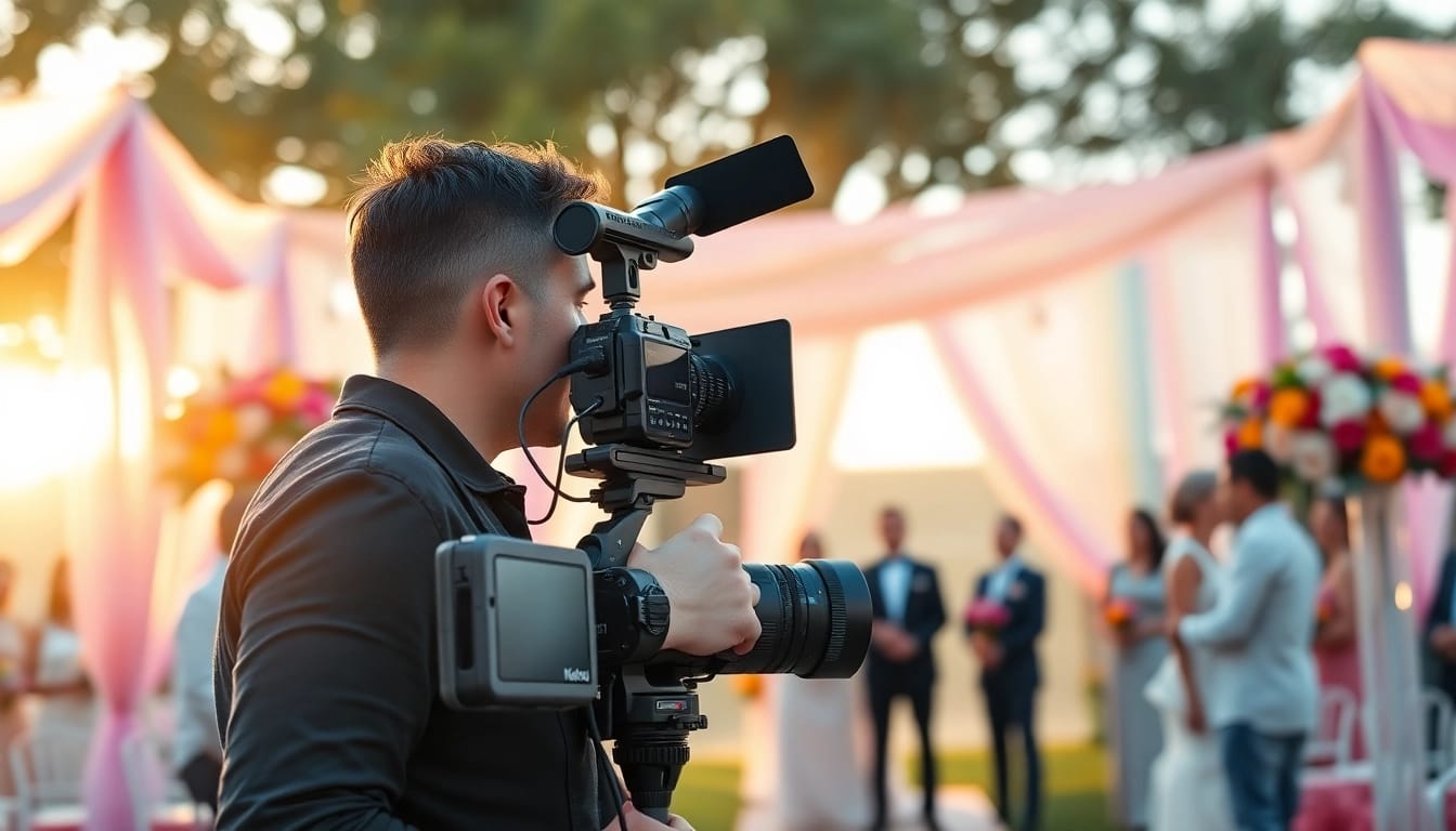 Videographer captures a wedding ceremony, highlighting vibrant moments and joyful guests.